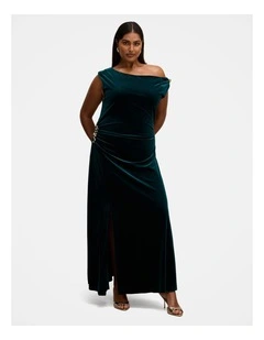 Winslet Off Shoulder Velvet Gown in Green