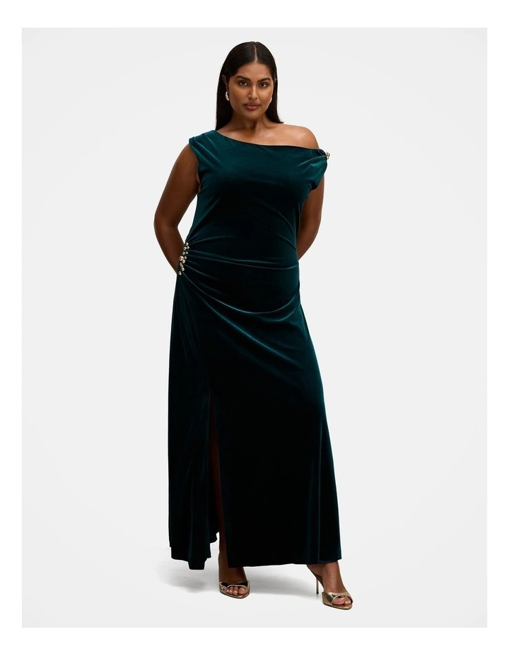 Winslet Off Shoulder Velvet Gown in Green image 1