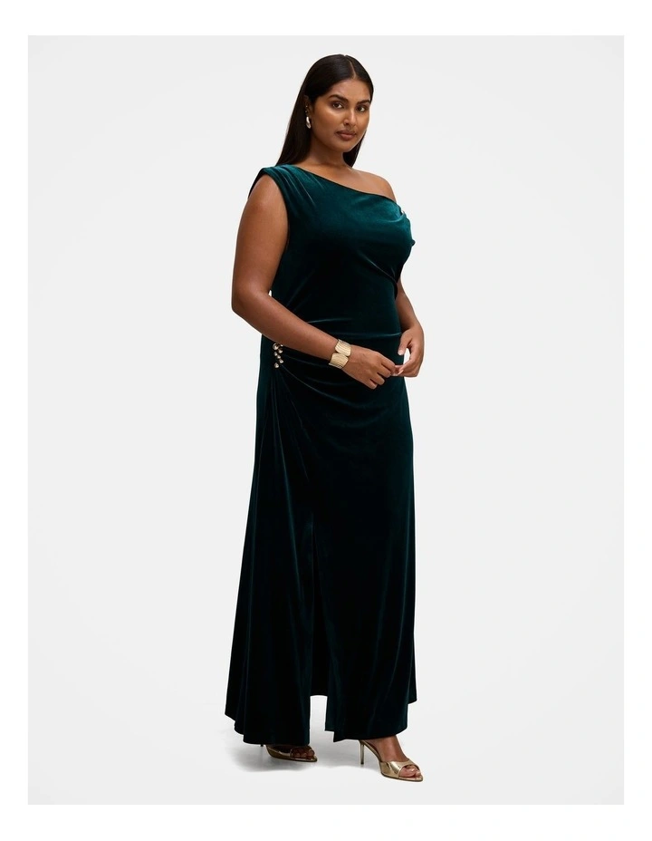 Winslet Off Shoulder Velvet Gown in Green image 3