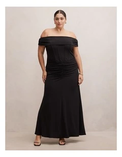 Ania Ruched Bardot Maxi Dress in Black