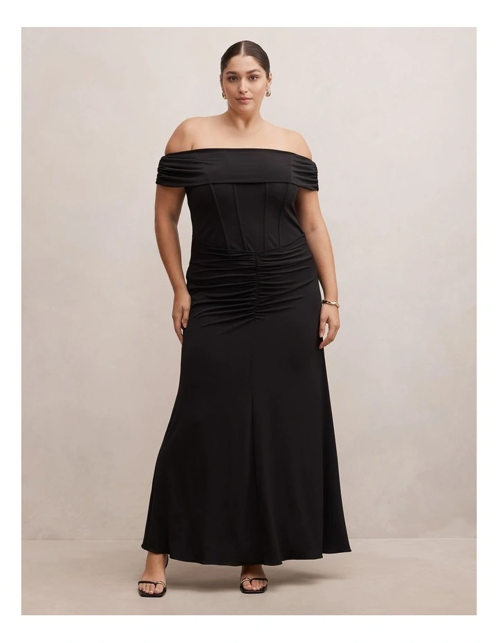 Ania Ruched Bardot Maxi Dress in Black image 1