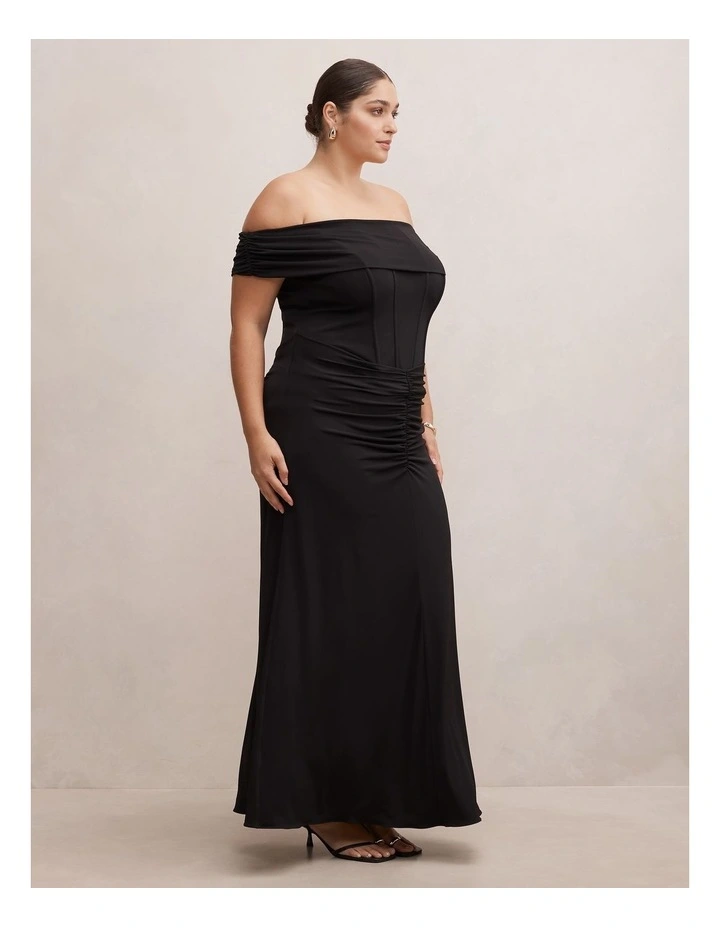 Ania Ruched Bardot Maxi Dress in Black image 3