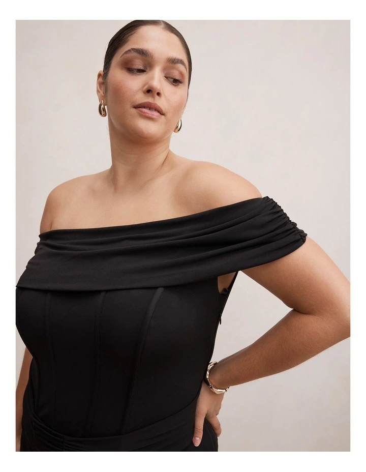 Ania Ruched Bardot Maxi Dress in Black image 4