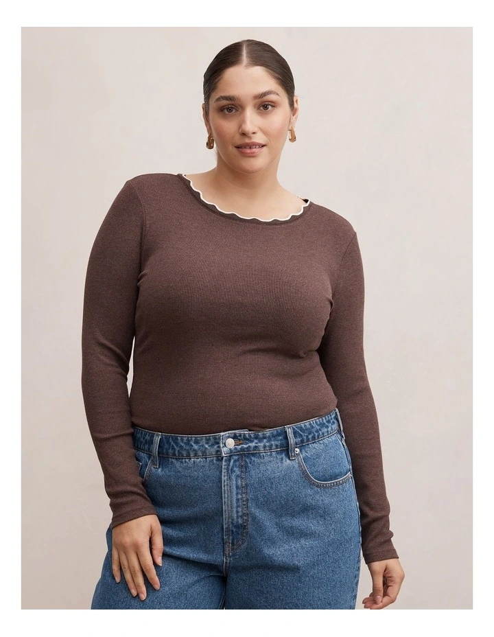 Rebecca Scallop Long Sleeves Top in Brown image 1