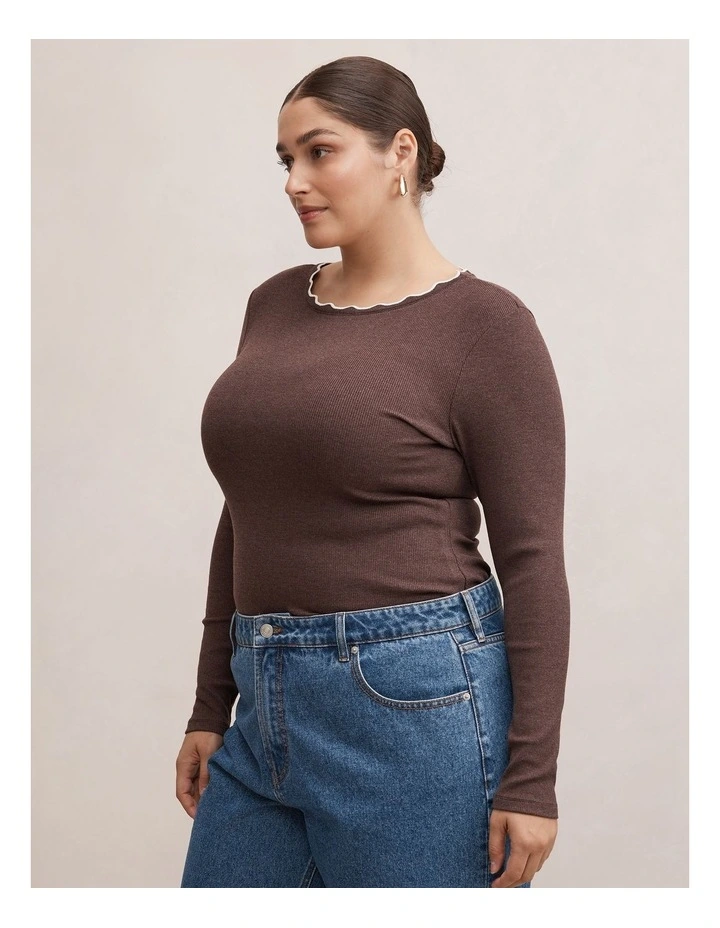 Rebecca Scallop Long Sleeves Top in Brown image 3