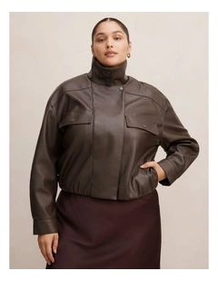 Angela Oversized Polyurethane Bomber Jacket in Brown
