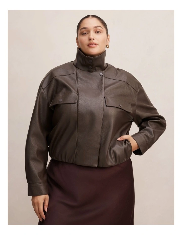 Angela Oversized Polyurethane Bomber Jacket in Brown image 1