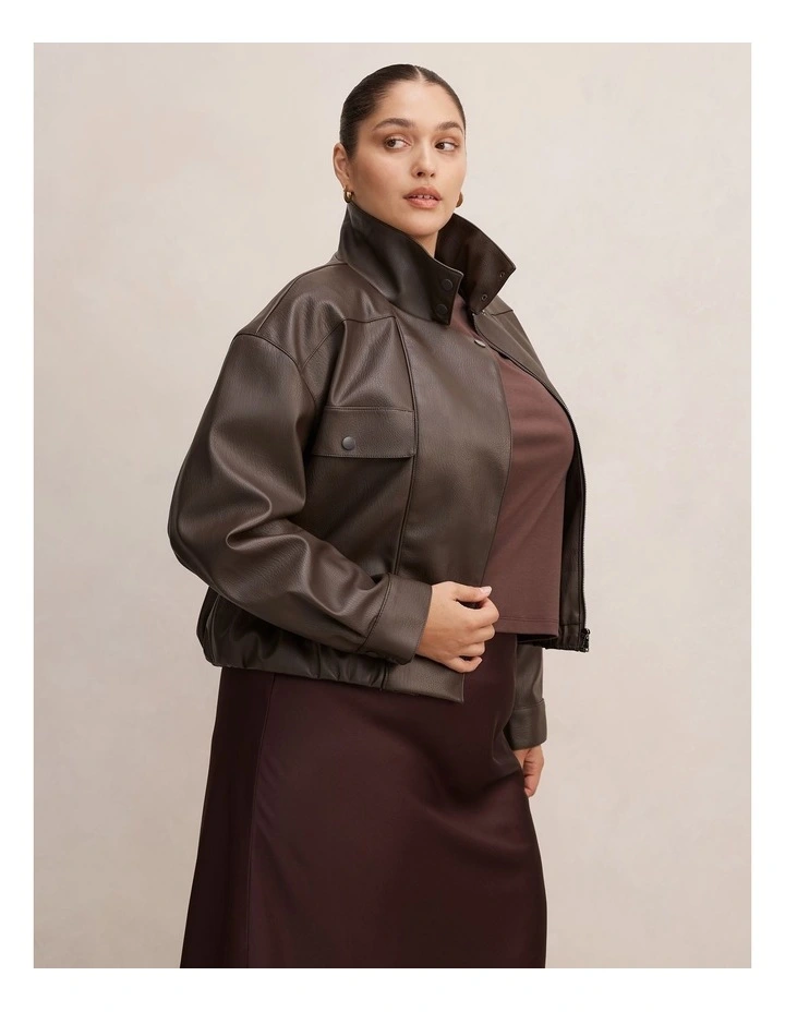 Angela Oversized Polyurethane Bomber Jacket in Brown image 3