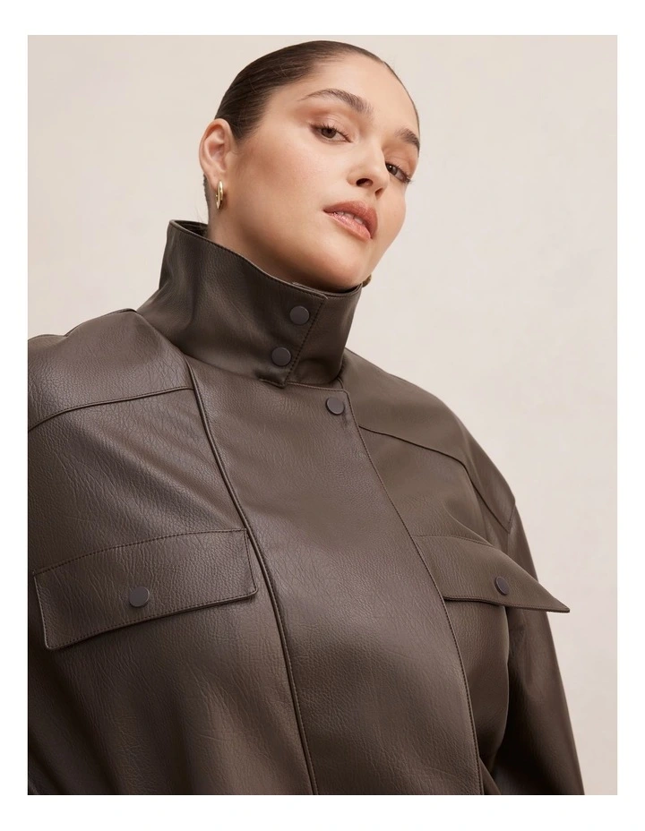 Angela Oversized Polyurethane Bomber Jacket in Brown image 4