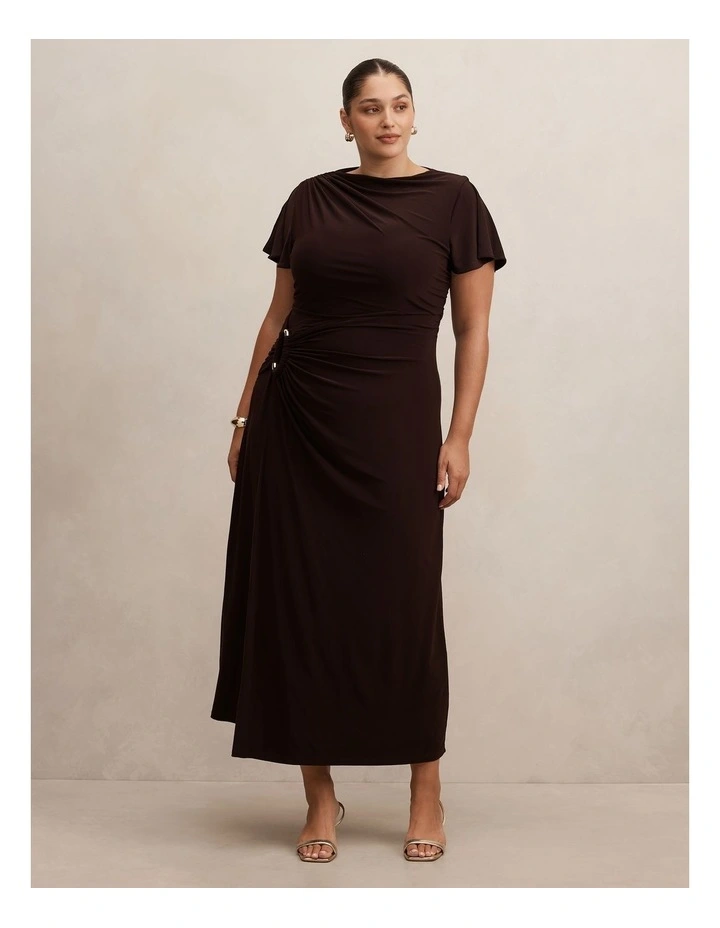 Fiora Short Sleeves Hardware Midi Dress in Brown image 1