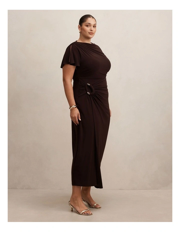 Fiora Short Sleeves Hardware Midi Dress in Brown image 3
