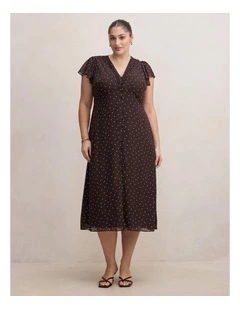 Ardelia Flutter Sleeves Midi Dress in Brown