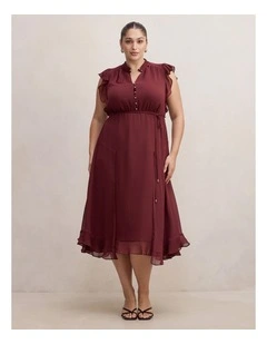 Maxwell Flutter Sleeves Midi Dress in Purple