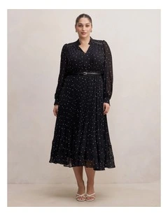 Clara Pleated Lace Trim Midi Dress in Black