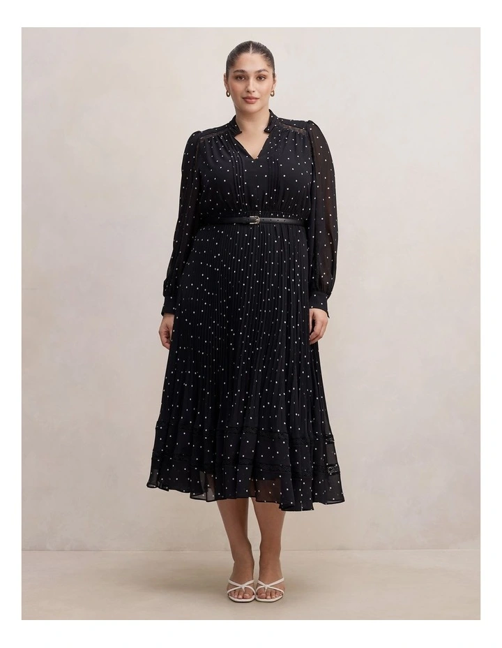 Clara Pleated Lace Trim Midi Dress in Black image 1