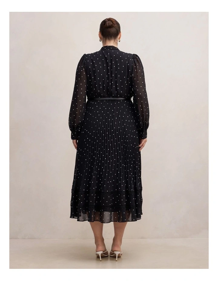 Clara Pleated Lace Trim Midi Dress in Black image 2
