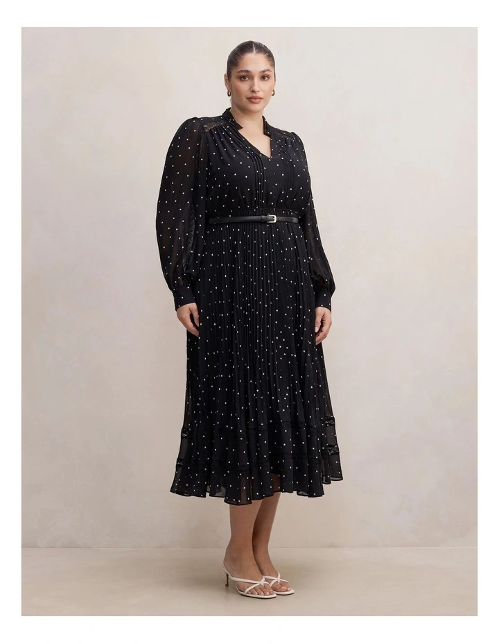 Clara Pleated Lace Trim Midi Dress in Black image 3
