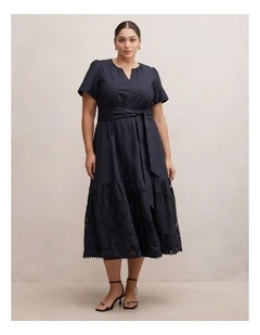 Matilda Embroidered Midi Dress in Navy