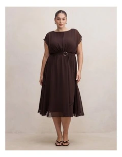 Jane Sheer Draped Midi Dress in Brown