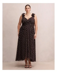 Selena Ruffle Shoulder Maxi Dress in Brown