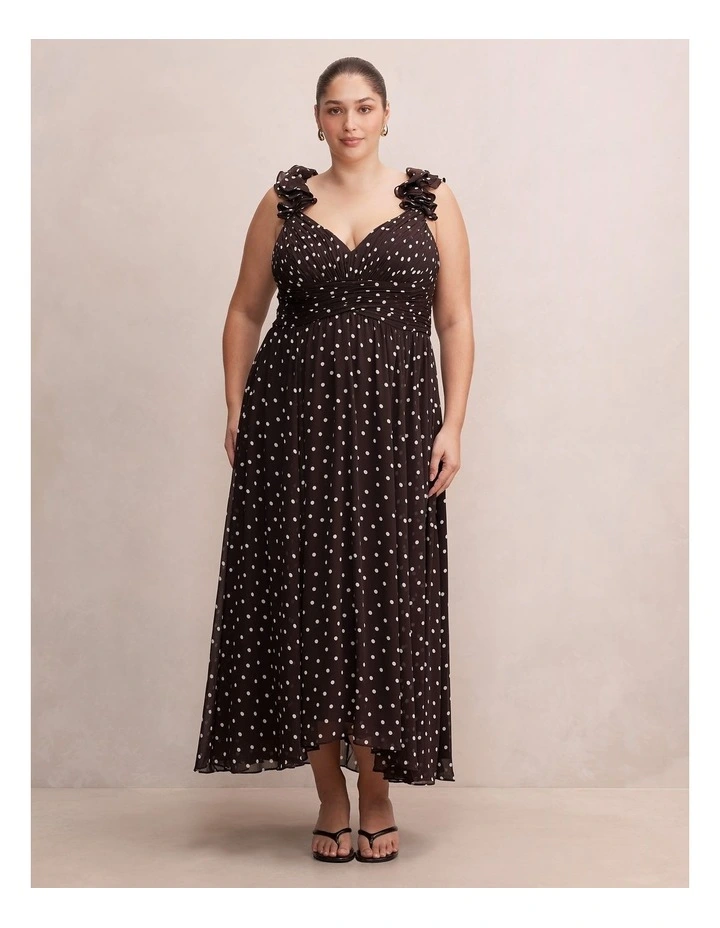 Selena Ruffle Shoulder Maxi Dress in Brown image 1