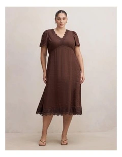 Zali Lace Linen Midi Dress in Brown