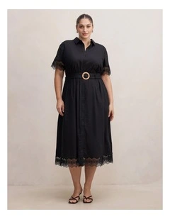 Eliana Lace Trim Midi Dress in Black