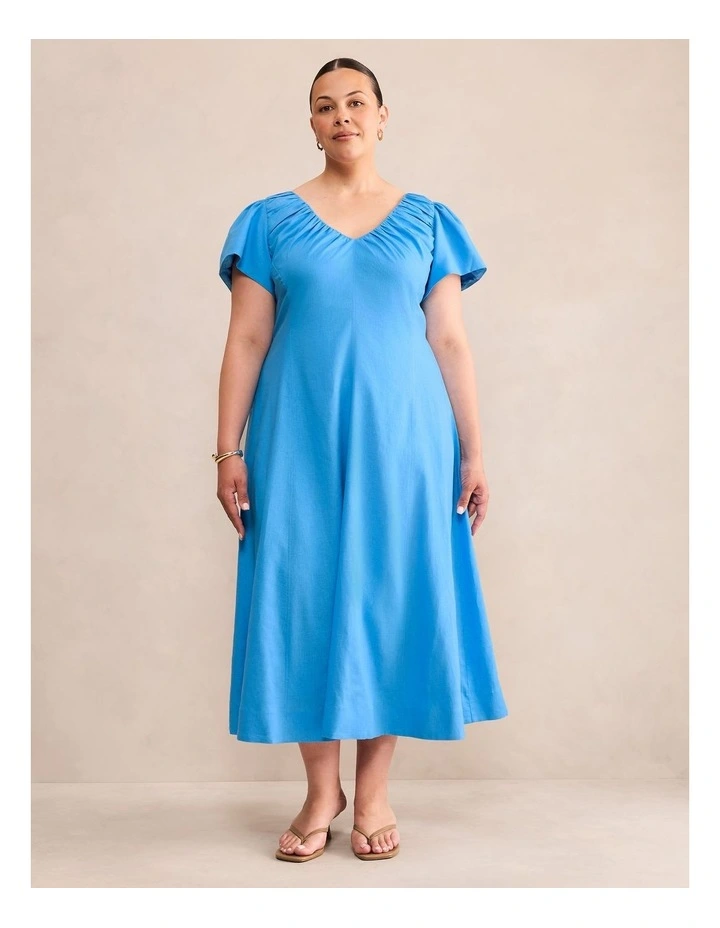 Rue Puff Sleeves Gathered Midi Dress in Blue image 1