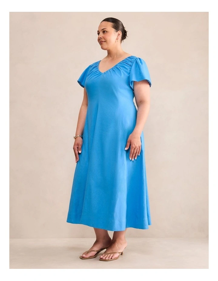 Rue Puff Sleeves Gathered Midi Dress in Blue image 3