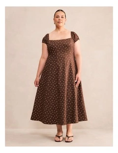 Sadie Linen Midi Dress in Brown
