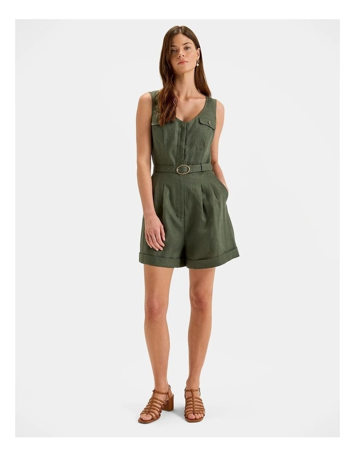 Moss Linen Playsuit in Green image 1