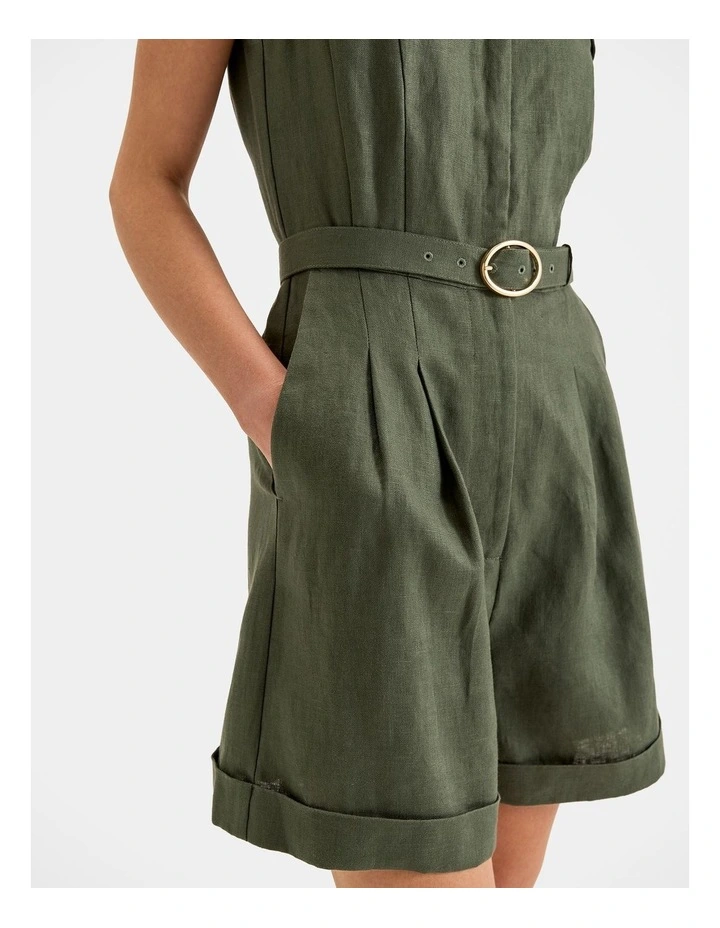 Moss Linen Playsuit in Green image 6