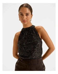 Sasha Sequin Halter Top in Black