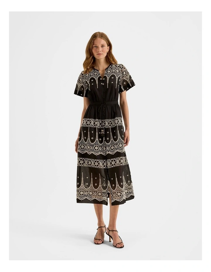 Florida Embroidered Midi Dress in Black image 1