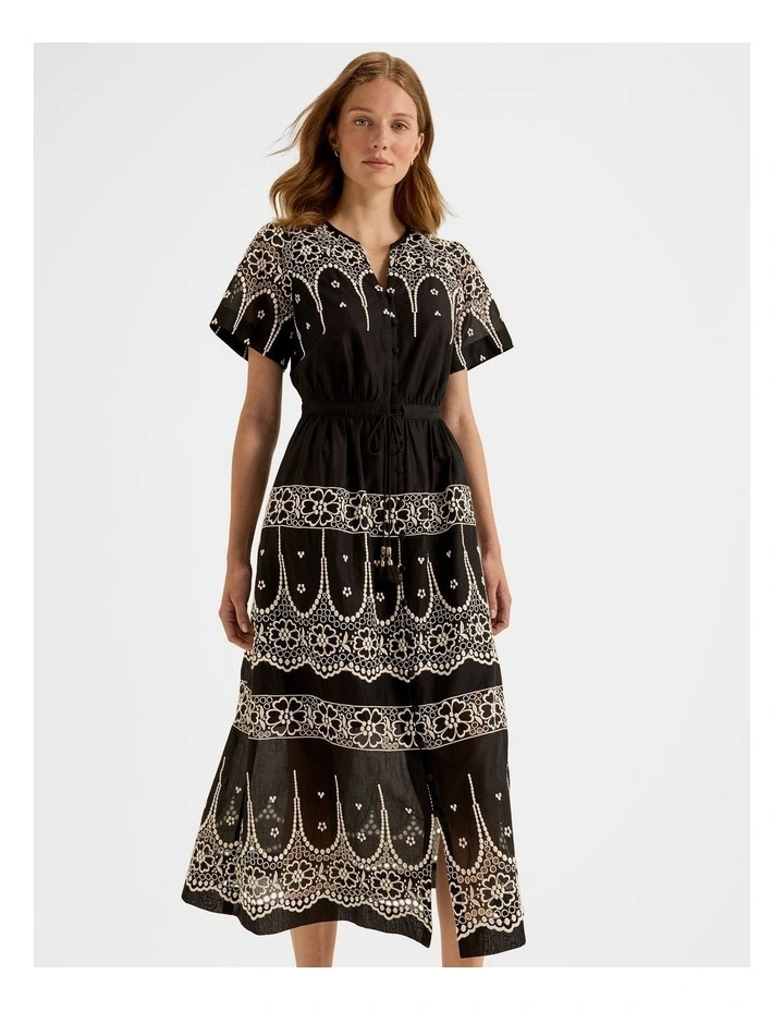Florida Embroidered Midi Dress in Black image 3