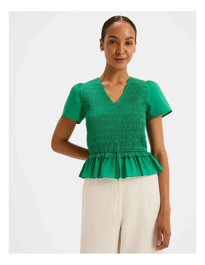 Lillie Shirred Peplum Top in Emerald image 1