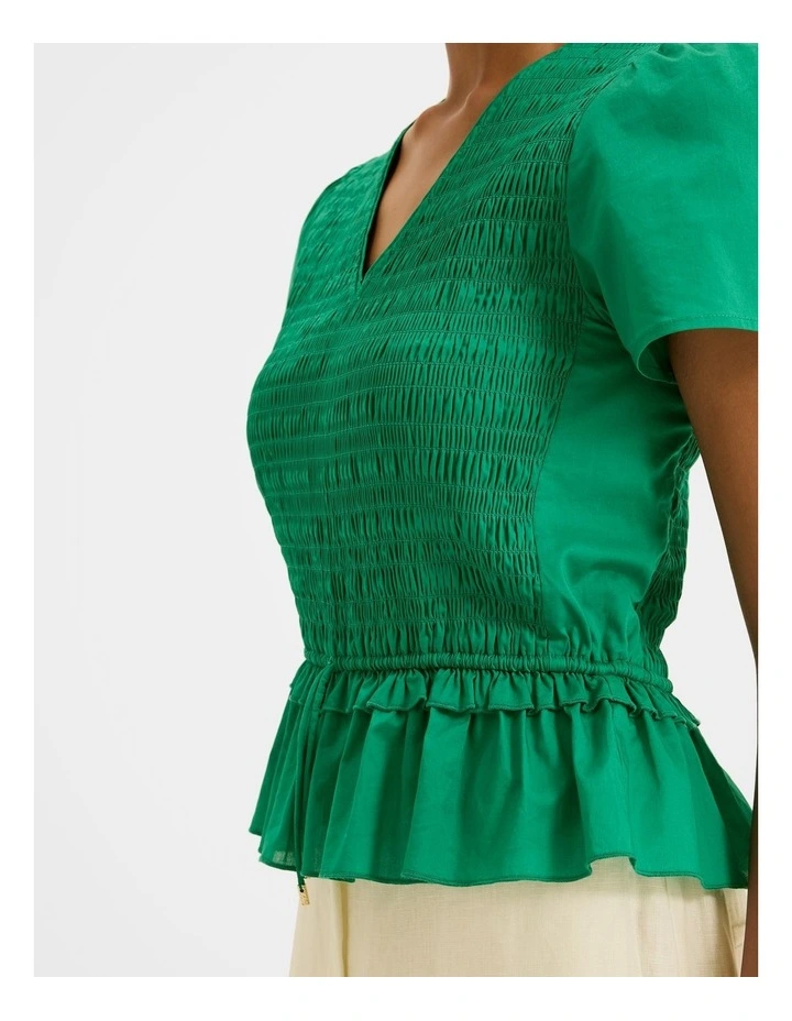 Lillie Shirred Peplum Top in Emerald image 4