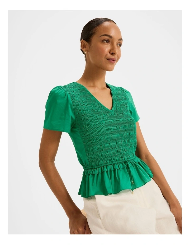 Lillie Shirred Peplum Top in Emerald image 5