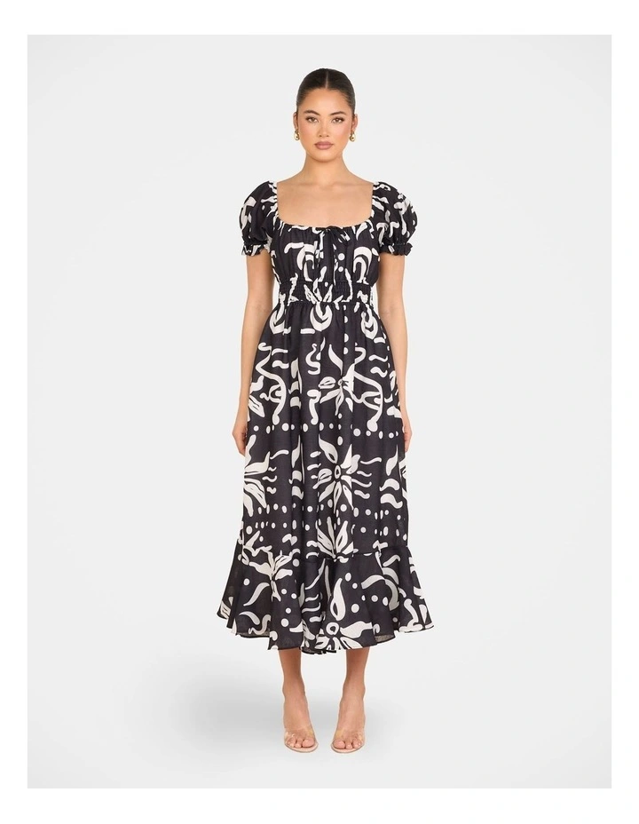 Yana Puff Sleeve Midi Dress in Black image 1