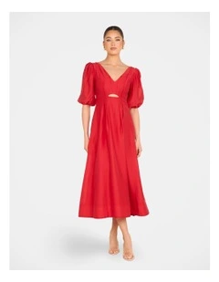 Gemma Puff Sleeve Midi Dress in Red