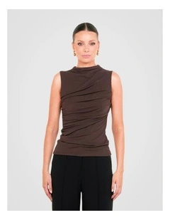 Greco Gathered Mesh Top in Brown