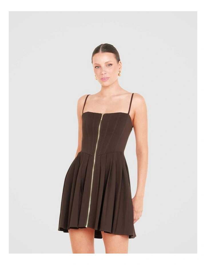 Cleo Pleated Skirt Mini Dress in Brown image 1