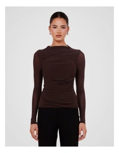 Louiza Gathered Mesh Top in Brown