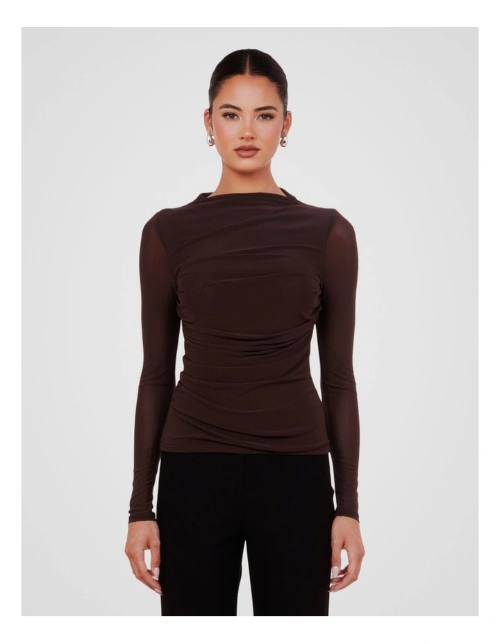 Louiza Gathered Mesh Top in Brown image 1