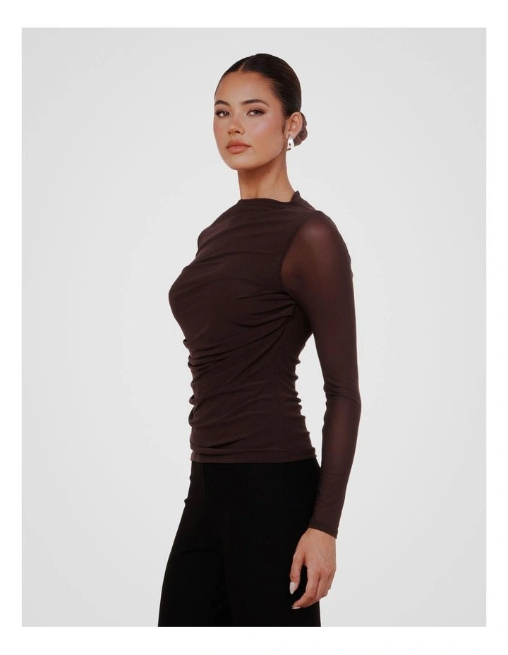 Louiza Gathered Mesh Top in Brown image 3