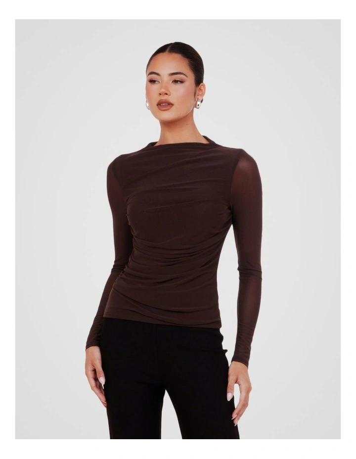 Louiza Gathered Mesh Top in Brown image 4