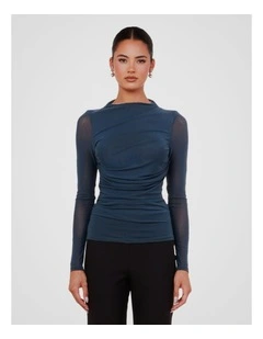 Louiza Gathered Mesh Top in Teal