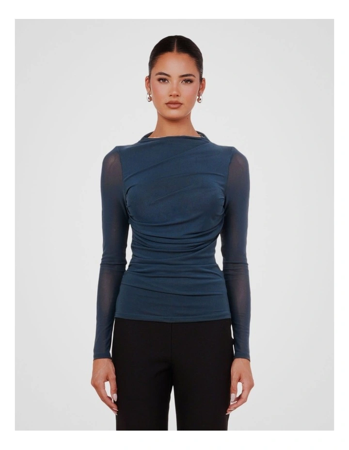 Louiza Gathered Mesh Top in Teal image 1