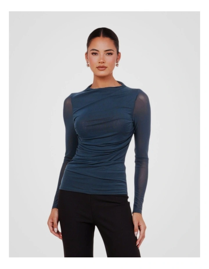 Louiza Gathered Mesh Top in Teal image 4