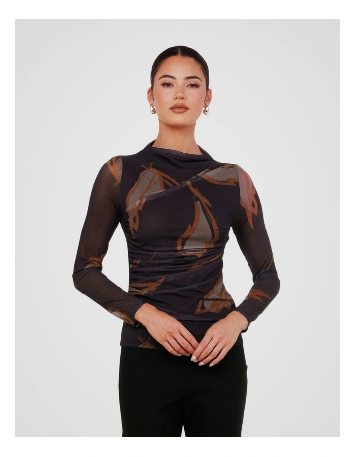 Mae Gathered Printed Mesh Top in Multi image 1